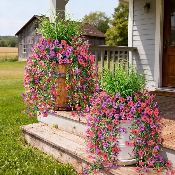 ARTIFICIAL HANGING FLOWERS FOR OUTDOORS WITH WHEAT GRASS, 5 PCS FAKE HANGING PLANTS FOR SPRING DECOR, UV RESISTANT FAUX SILK FLOWER GREENRY FOR PLANTER PORCH PATIO YARD GARDEN(PURPLE HOT PINK)