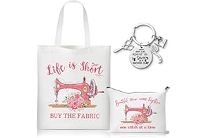 CJIANGPO 3Pcs Pink Vintage Sewing Tote Bag Canvas Bag with Keychain, Funny Quilting Gifts for Seamstress Women Sewing Lovers Mom, Cosmetic Organizer Makeup Pouch Sew Machine Themed Christmas Gift