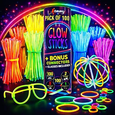 Ammy Glow Glow Sticks 100 Pack with 100 Connectors Kit 205 Pcs