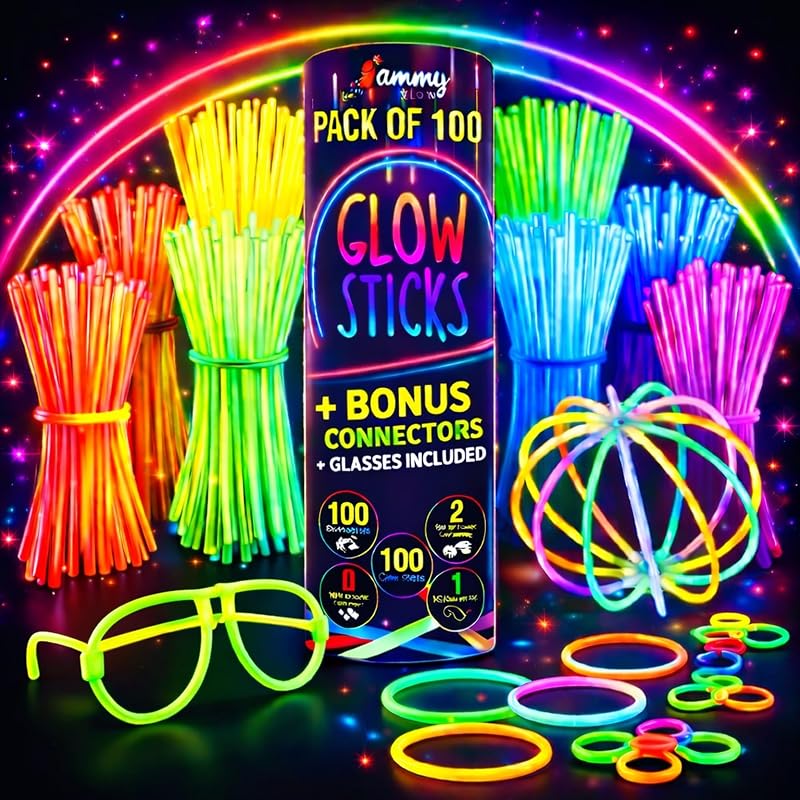 Ammy Glow Glow Sticks 100 Pack with 100 Connectors Kit 205 Pcs