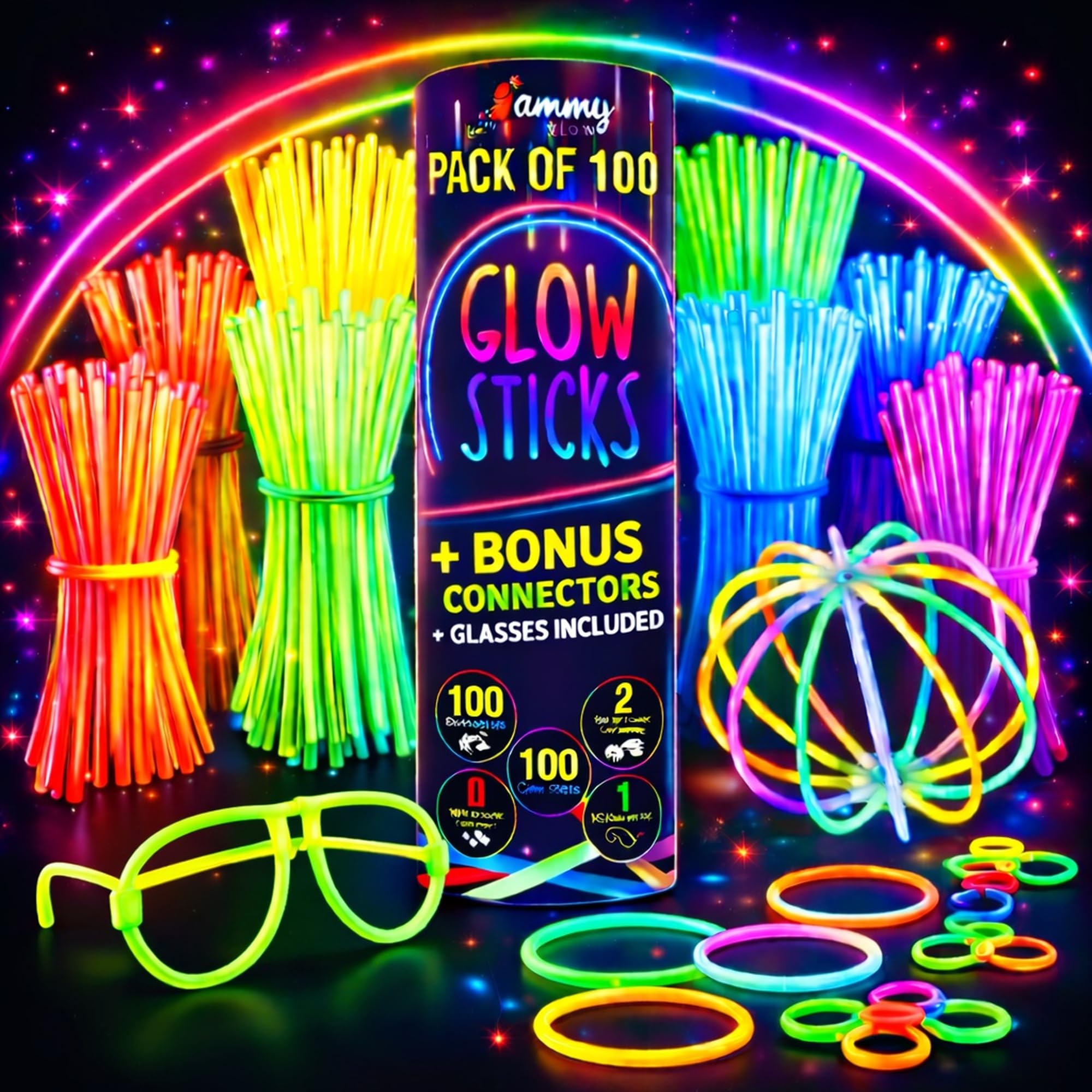 Glow Sticks -Party Packs –100 8" Glowsticks Pack-Glow in the Dark Party Supplies - Bracelets-Eye Glasses-Necklaces – Neon & Festival Accessories -Easter- Kids Party Favors & Bag Fillers – 205 PCS