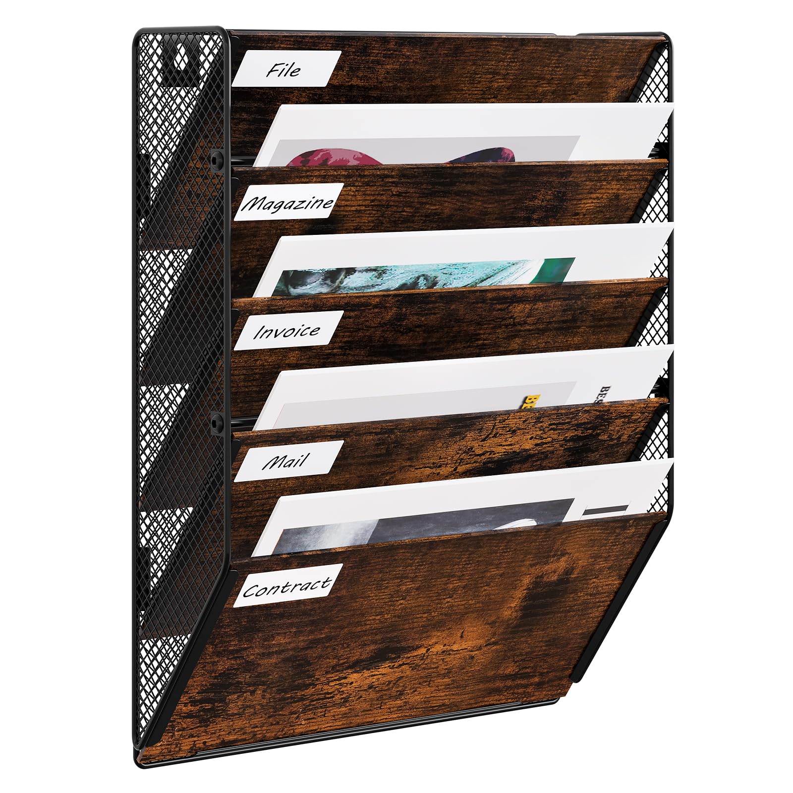 EasyPAG 5 Tier A4 Metal Wood in Tray Assemble Wall Pocket File Holder Mail Organiser Magazine Storage Rack