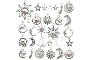 ILOVEDIYBEADS 100g(80pcs) Craft Supplies Mixed Antique Silver Sun Moon Stars Charms Pendants for Crafting, Jewelry Findings Making Accessory for DIY Necklace Bracelet (M250)