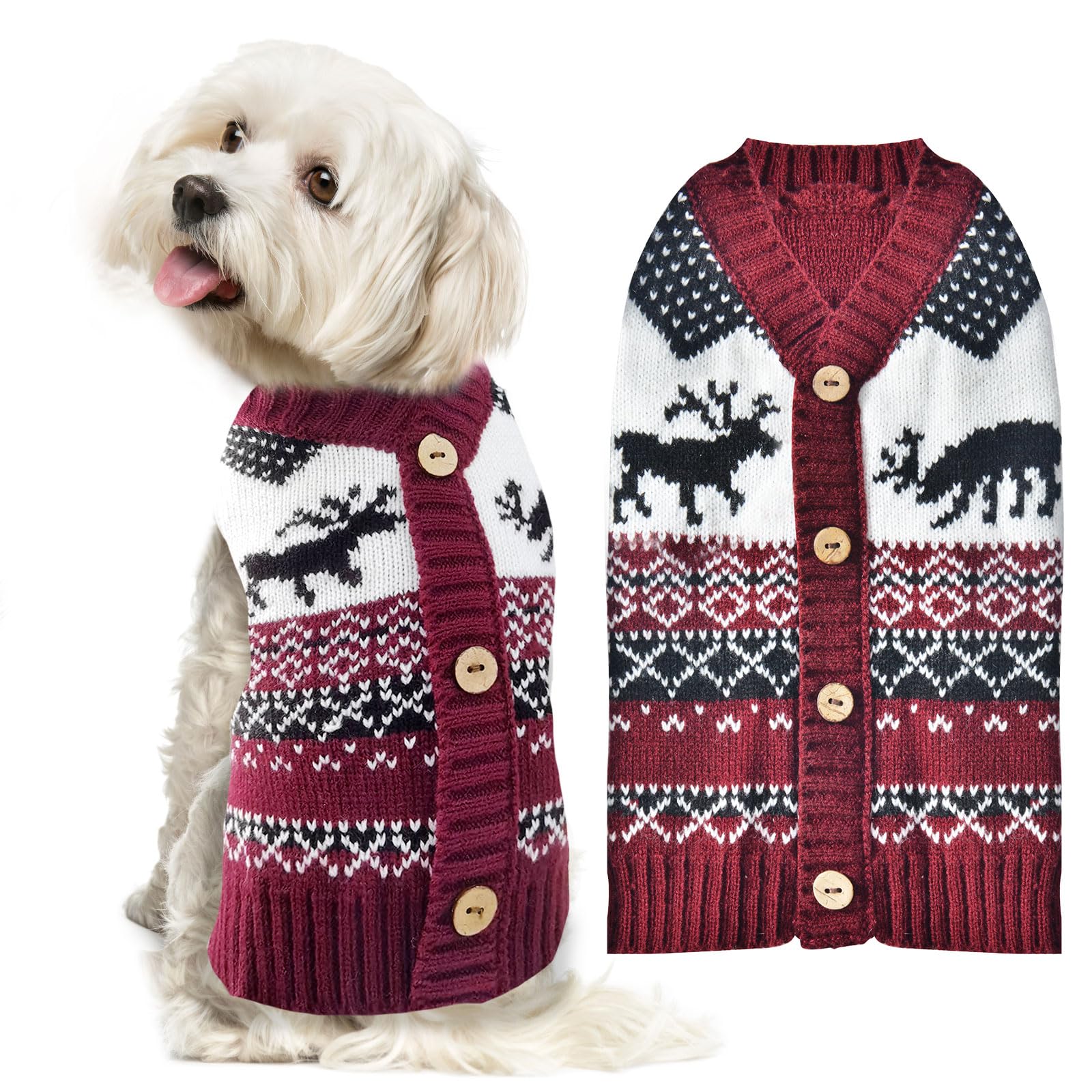 ABRRLO Dog Christmas Jumpers XS Small V Neck Puppy Xmas Jumper Cute Elk Red Doggy Cat Christmas Sweater Knitted Outfits for Small Medium Large Dogs (Wine Red Reindeer,L)