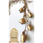 HIGHBIX Set of 5 Rustic Harmony Metal Jingle Bells Cluster Vintage Handmade Lucky Christmas Hanging Mix Décor Bells On Rope (Large)