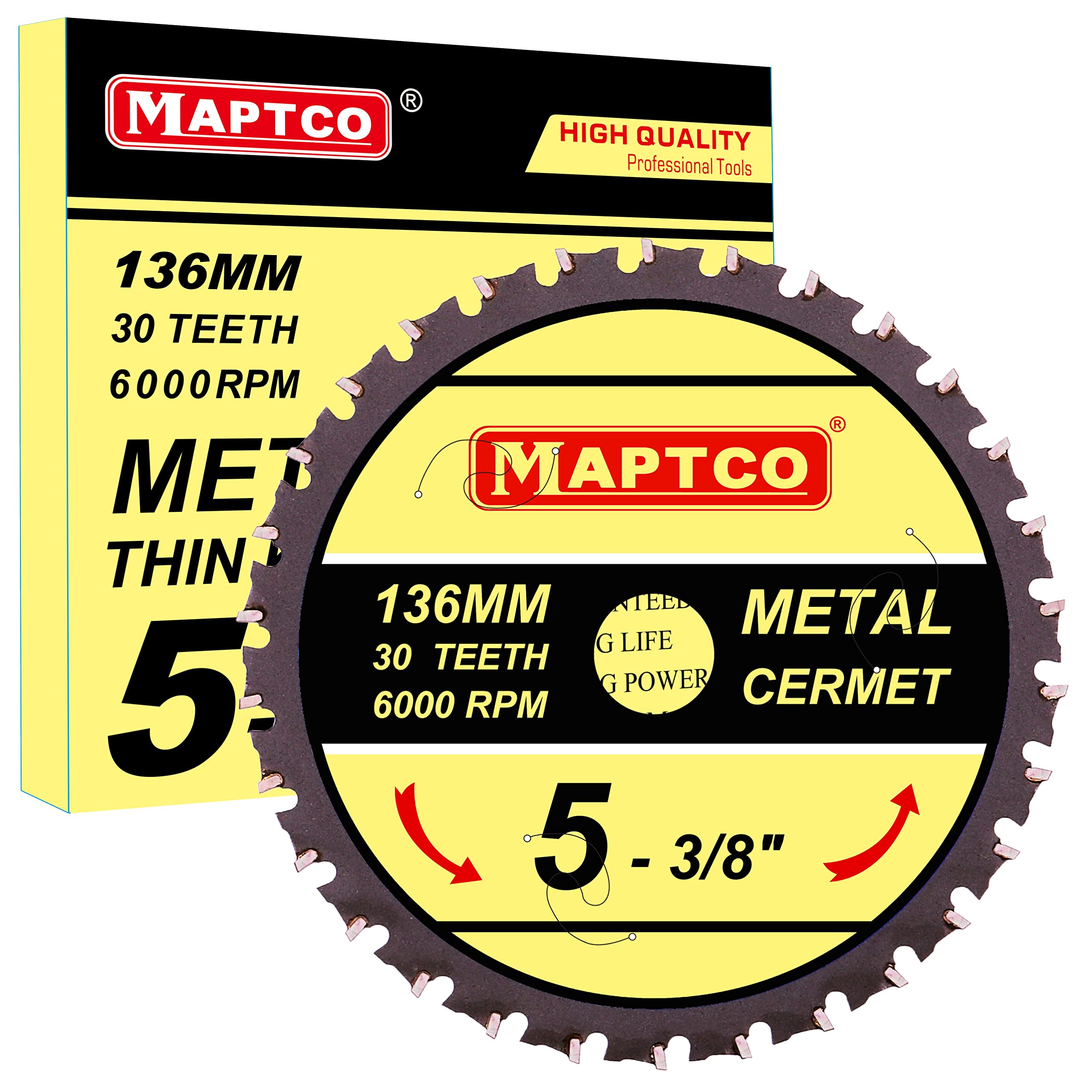 MAPTCO, 136mm 30T Cermet Tipped Metal Cutting Circular Saw Blade, Arbor 20mm with 5/6"-10mm Washer, For Cordless Circular Saw.