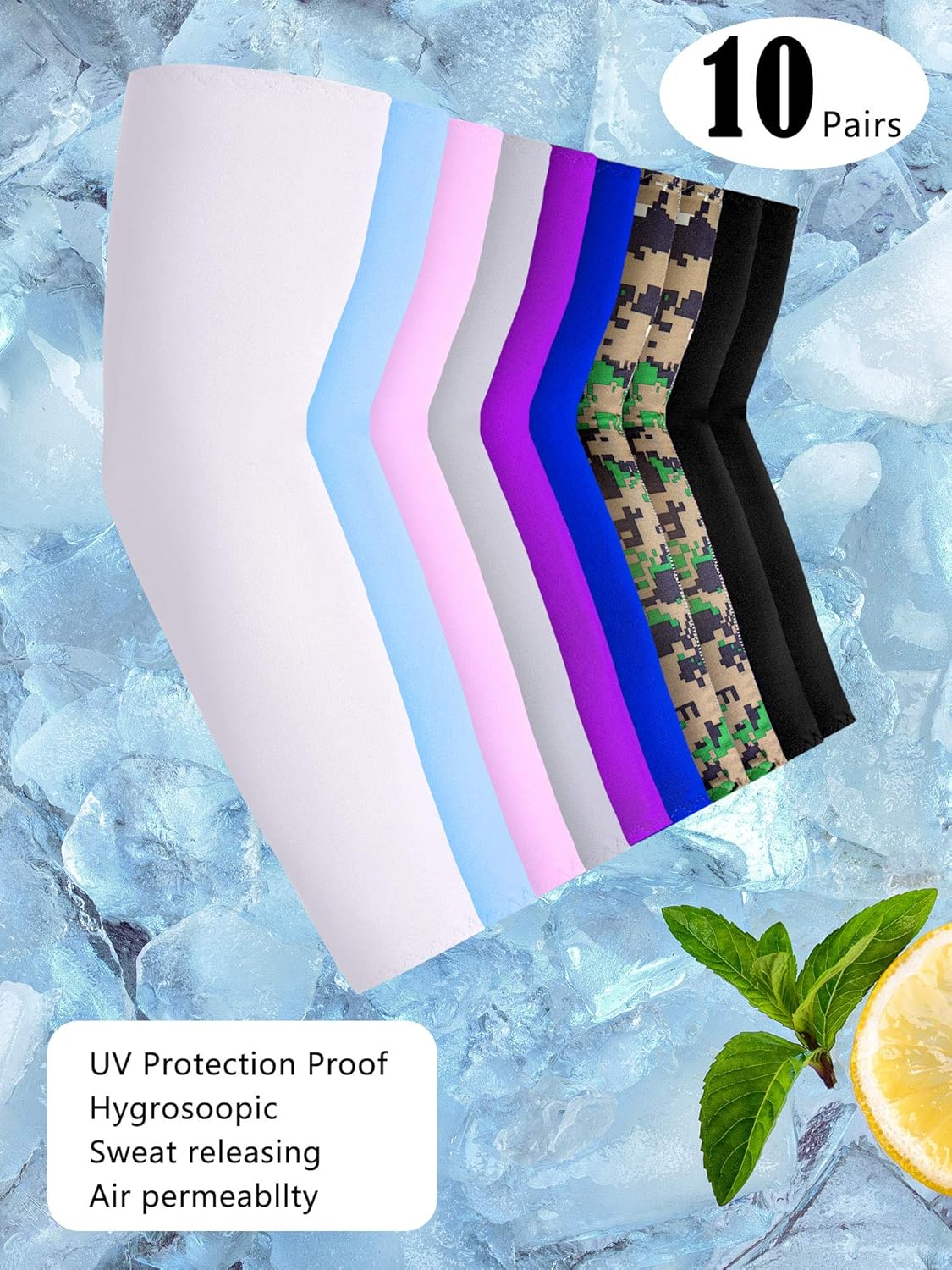 10 Pairs UV Protection Sleeves Sun Protection Cooling Arm Sleeves Anti-Slip Ice Silk Arm Covers for Men and Women (White, Grey, Black, Blue, Purple, Pink, Camouflage): Clothing