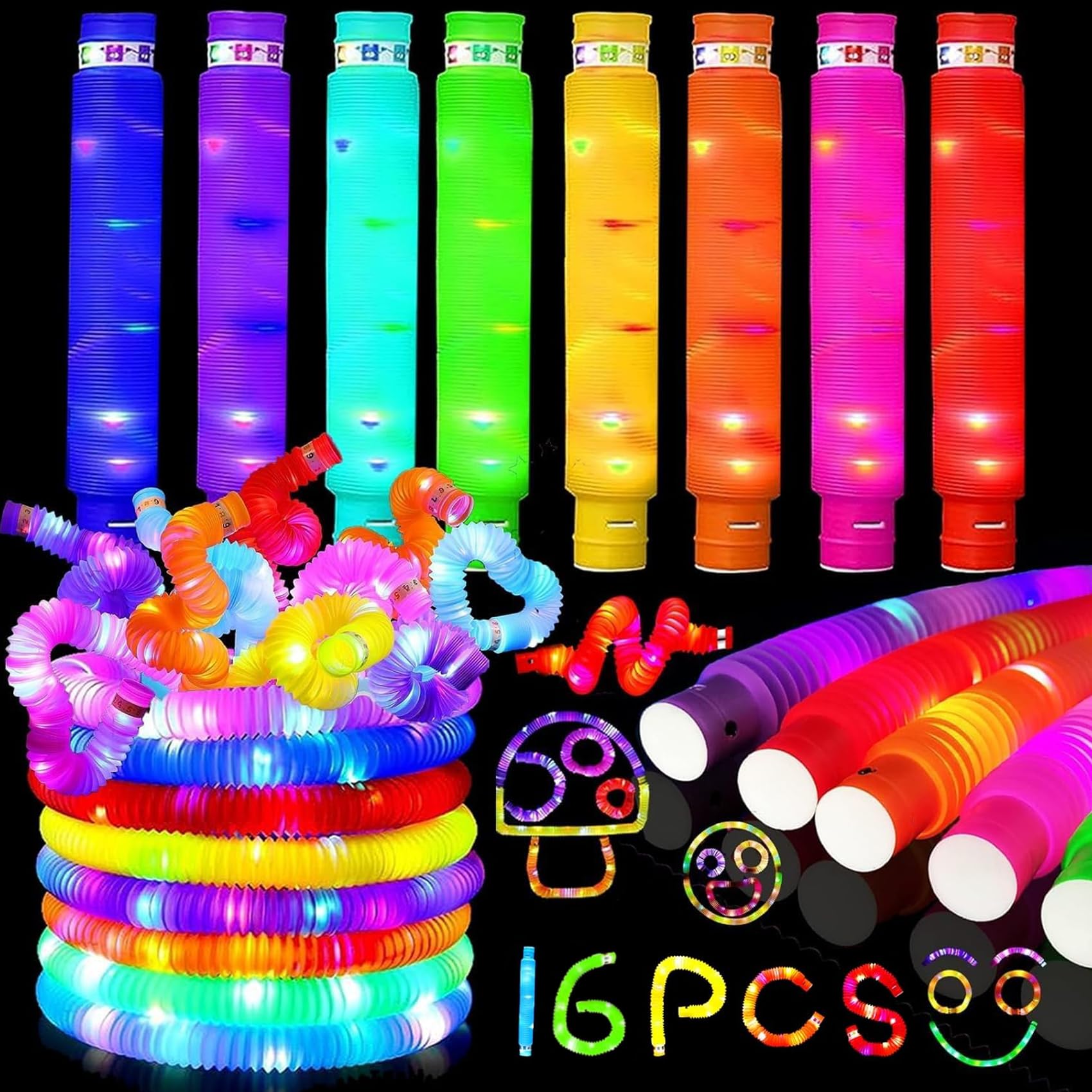 16 Pack Light Up Pop Tubes, Led Pop Tubes, Fidget Toys for Kids, Stress & Anxiety Relief, Toddler Sensory Toys, Party Bag Toys