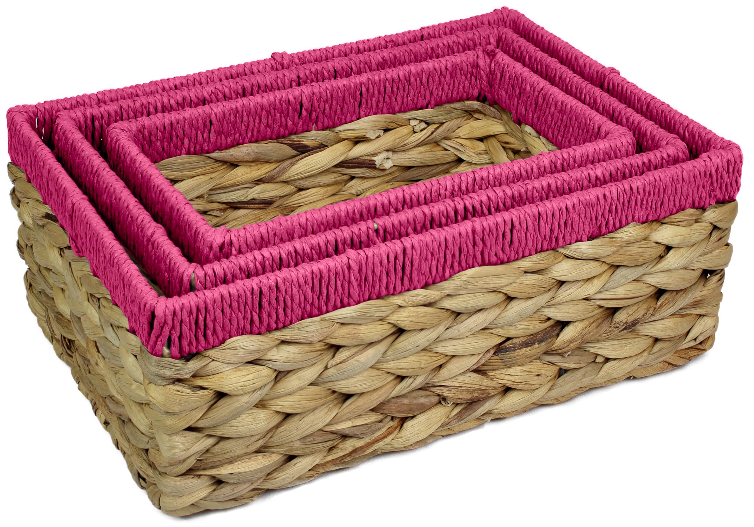 Rectangular Water Hyacinth Small baskets for storage Natural and Pink wicker basket shelves open Decorative gift box Small bathroom mini tray makeup bathroom Kitchen organiser (SET of three, 1, Pack)