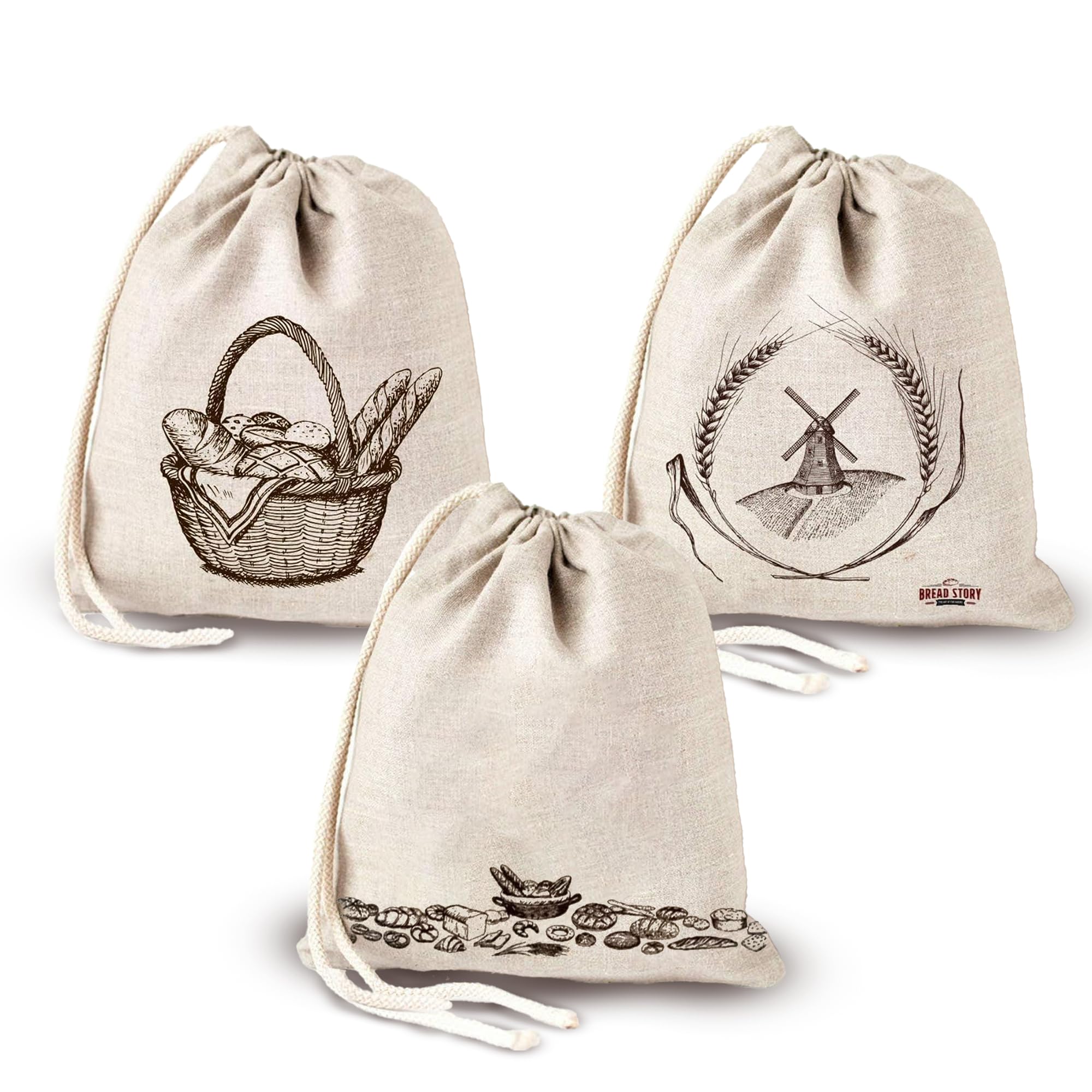 Linen Bread Bags - 3 Pack 30 x 40 cm Special Art Design Unbleached Linen Reusable Food Storage for Homemade Artisan Bread