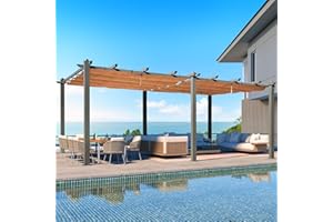 EROMMY 12 x 20 FT Pergola, Aluminum Pergola with Retractable Canopy, Upgraded Shelter with Adjustable and Removable Sun Shade Canopy for Patio, Garden, Deck, Beige
