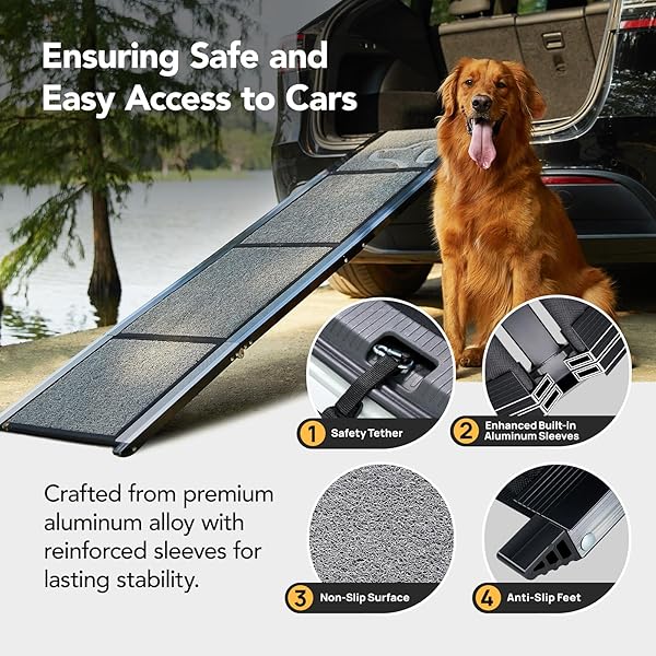 PETTHEM DOG RAMP FOR CAR 71” X-LONG & 17.2″ WIDE FOLDING DOG RAMPS FOR LARGE DOGS WITH NON-SLIP RUG SURFACE PORTABLE DOG CAR RAMP FOR SUV CAR & TRUCK, OUTDOOR DOG RAMP UP TO 250 LBS