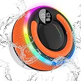 AOSRAU Bluetooth Speaker, Stereo Sound Shower Speaker, IPX7 Waterproof, Digital Display Portable Speaker with Suction Cup, LED Light, Small Wireless Speakers for Outdoor Party Beach Bathroom, Orange