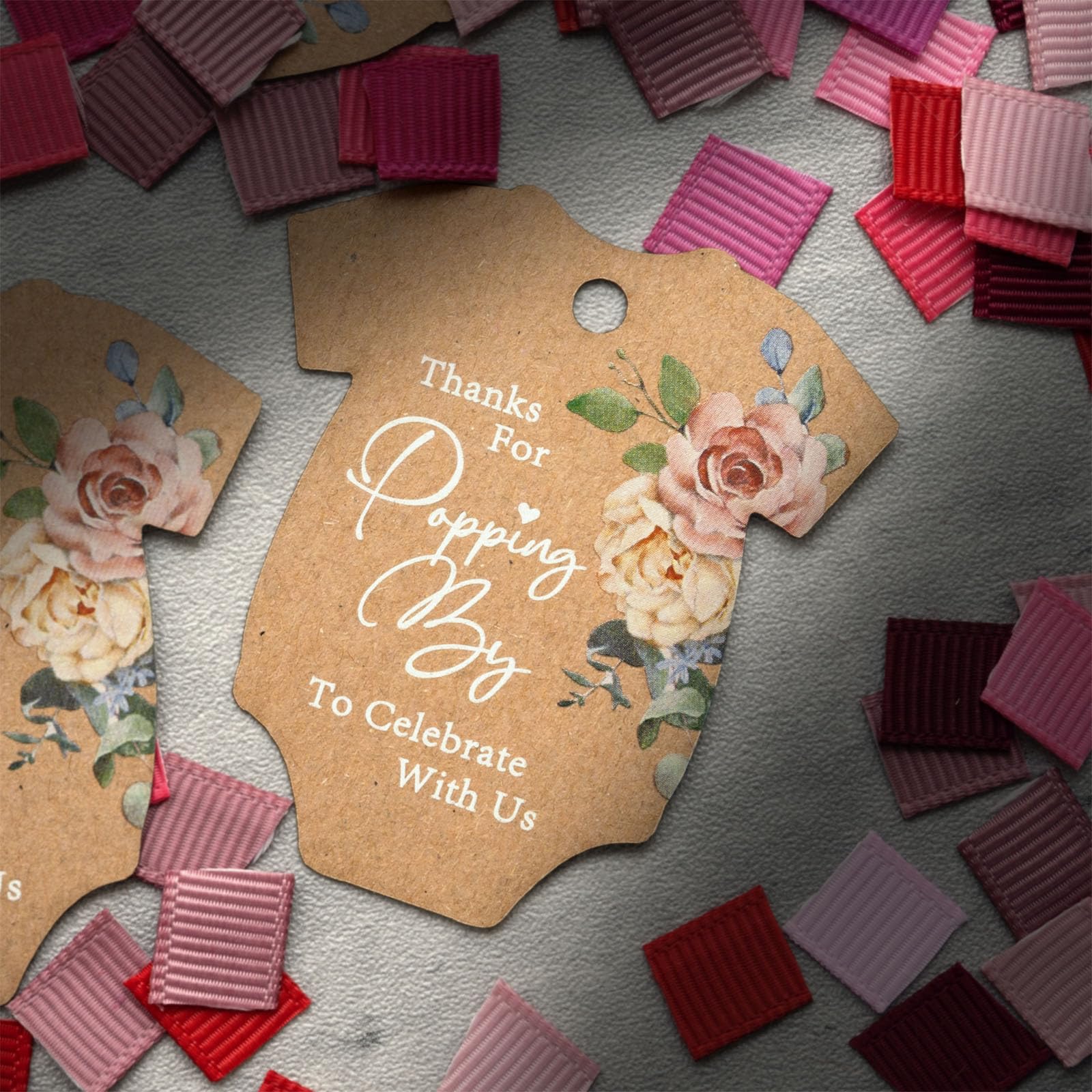 Summer-Ray 50pcs Baby Onesie Baby Shower Favour Thank You Tags Thanks for Popping by to Celebrate with Us Tags (Brown Kraft)
