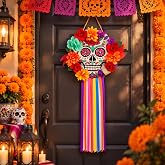 Cinnvoice Day of The Dead Door Wreath Wood Sugar Skull Marigold Altar Decor | Dia De Los Muertos Welcome Sign, Hanging Wreath for Front Door, Halloween Mexican Wall Porch Window Ofrenda Party Supplies