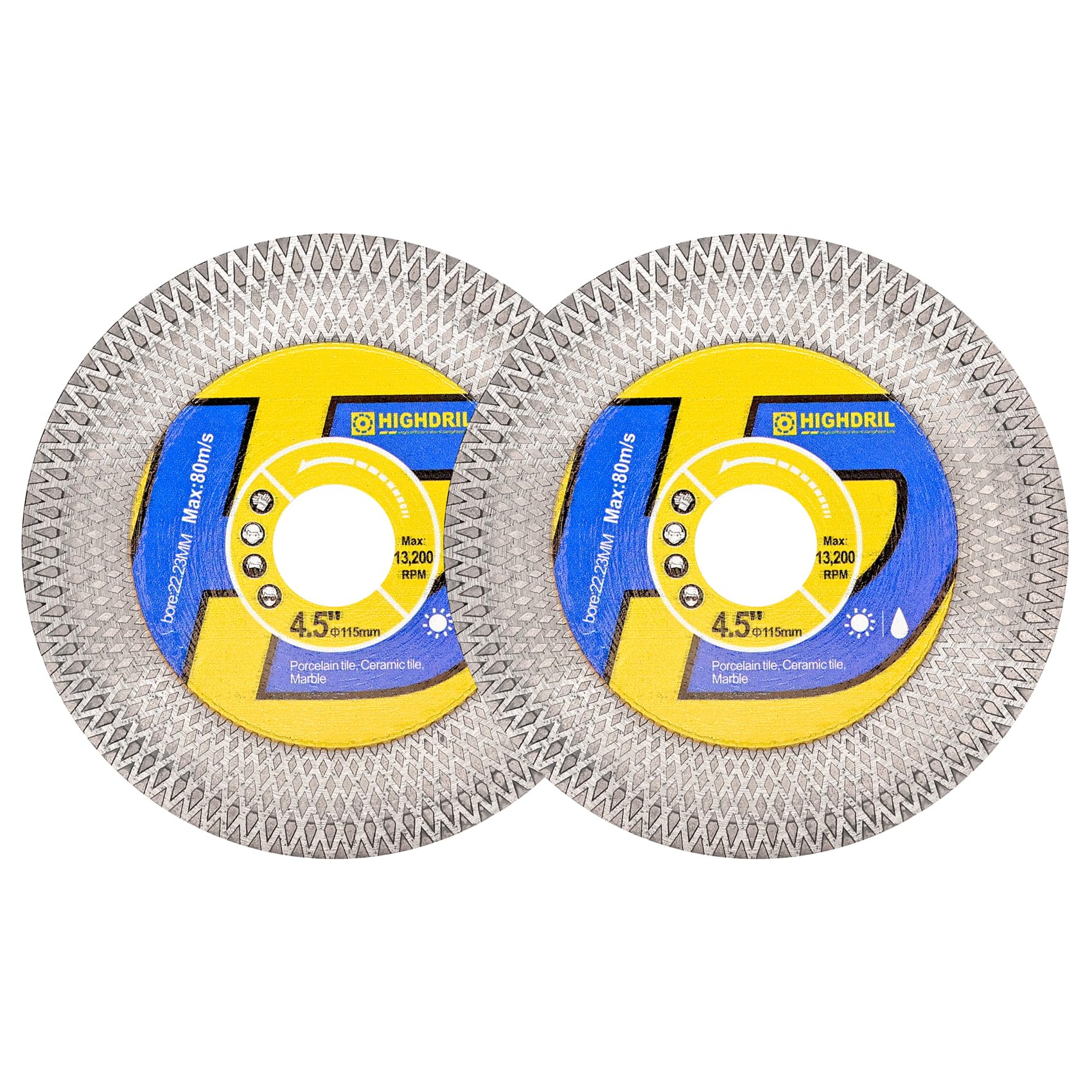 HIGHDRIL Tile Diamond Disc - 2pcs Cutting Wheel 4.5"/115mm for Dry/Wet Grinding Porcelain Granite Marble Ceramic Artificial Stone