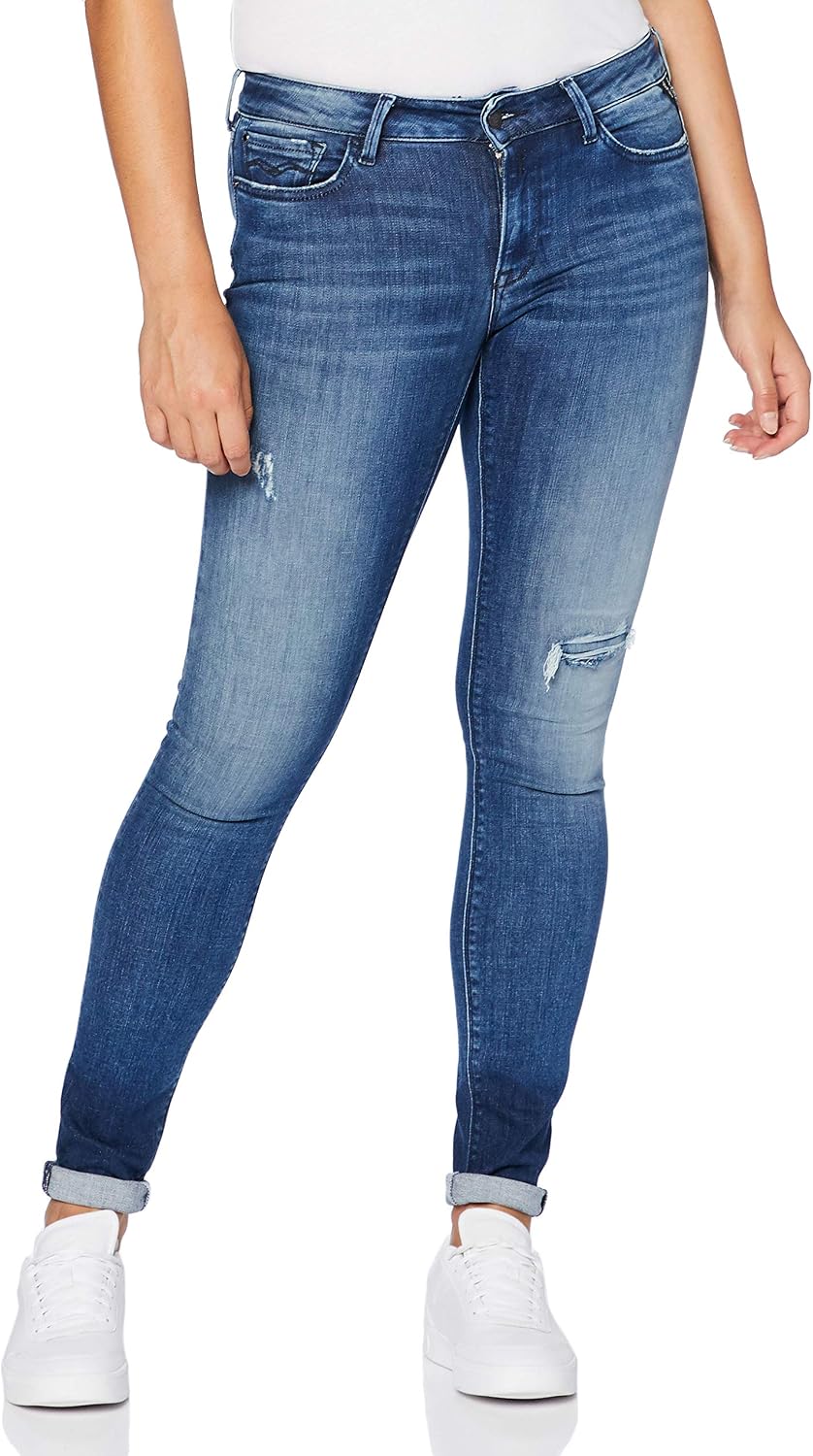 Replay Damen New Luz Jeans – Skinny Fit, Hoher Bund, Stretch-Denim | Vintage-Look In Mittelblau