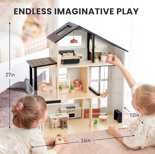 TINY LAND DOLL HOUSE, MODERN FAMILY DOLLHOUSE WITH REALISTIC DESIGN, WOODEN DOLLHOUSE WITH 53PCS FURNITURE – IDEAL GIFT FOR KIDS AGES 3+