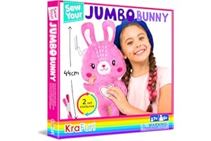 KRAFUN Big Jumbo Bunny Animal Sewing Kit for Kids Beginner My First Art & Craft, Make 1 Stuffed Doll with 2 Costumes, Instructions & Plush Felt Materials for Learn to Sew, Embroidery, Age 7-12