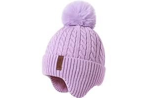 FENELY Girls Boys Winter Hat 3-12, Children's Warm Knitted Earflaps Beanie with Pom Pom Thicken Fleece Lining Cap for Kids