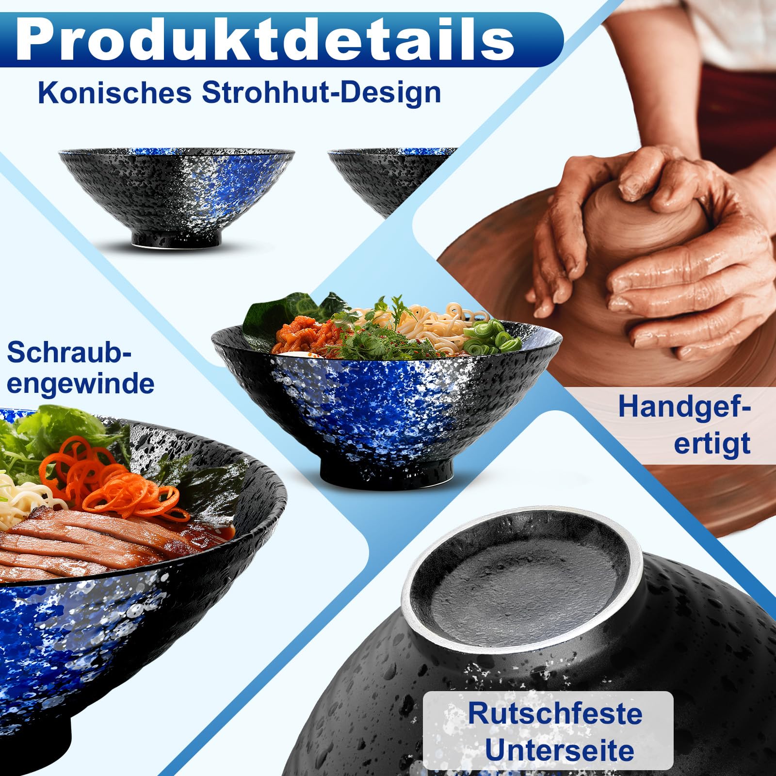 8 Zoll Keramik Große Ramen Schüssel 2 Set(9-Teilig) - Spülmaschinenfest Japanisches Porzellan Geschirr mit Gabel Essstäbchen Löffel und Rezepte für Nudeln Suppen Getreide Geschenke für neuen Häusern 3