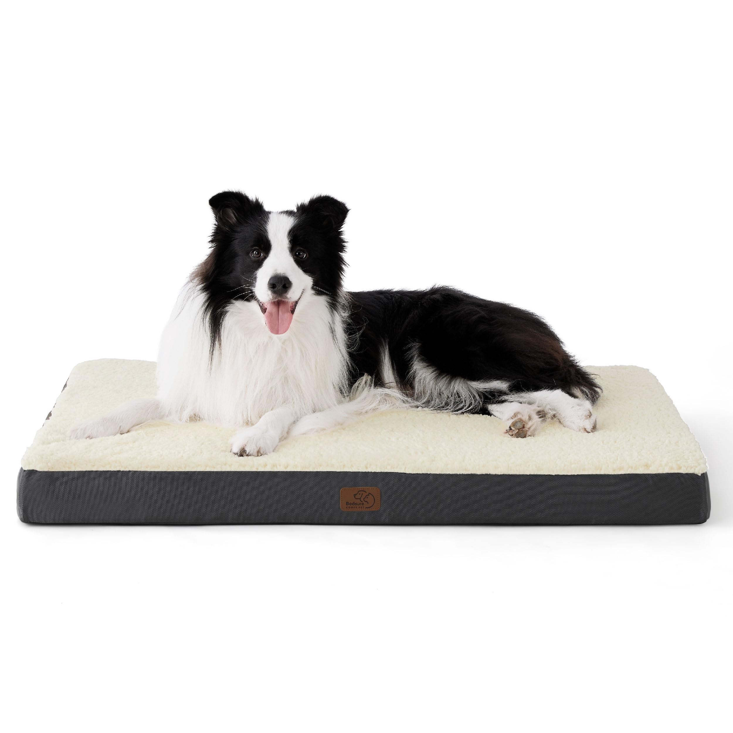 Bedsure Large Dog Bed Washable - Orthopedic Dog Bed and Mattress Mat for Dog Crate with Removable Plush Sherpa Cover, White, 91x69x7.6cm