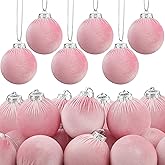 12PCS Velvet Christmas Ball Ornaments 3.15 Inch Pink Flocked Plastic Christmas Balls Bulk Vintage Neutral Xmas Hanging Ball Decor for Xmas Tree Holiday Party Decoration