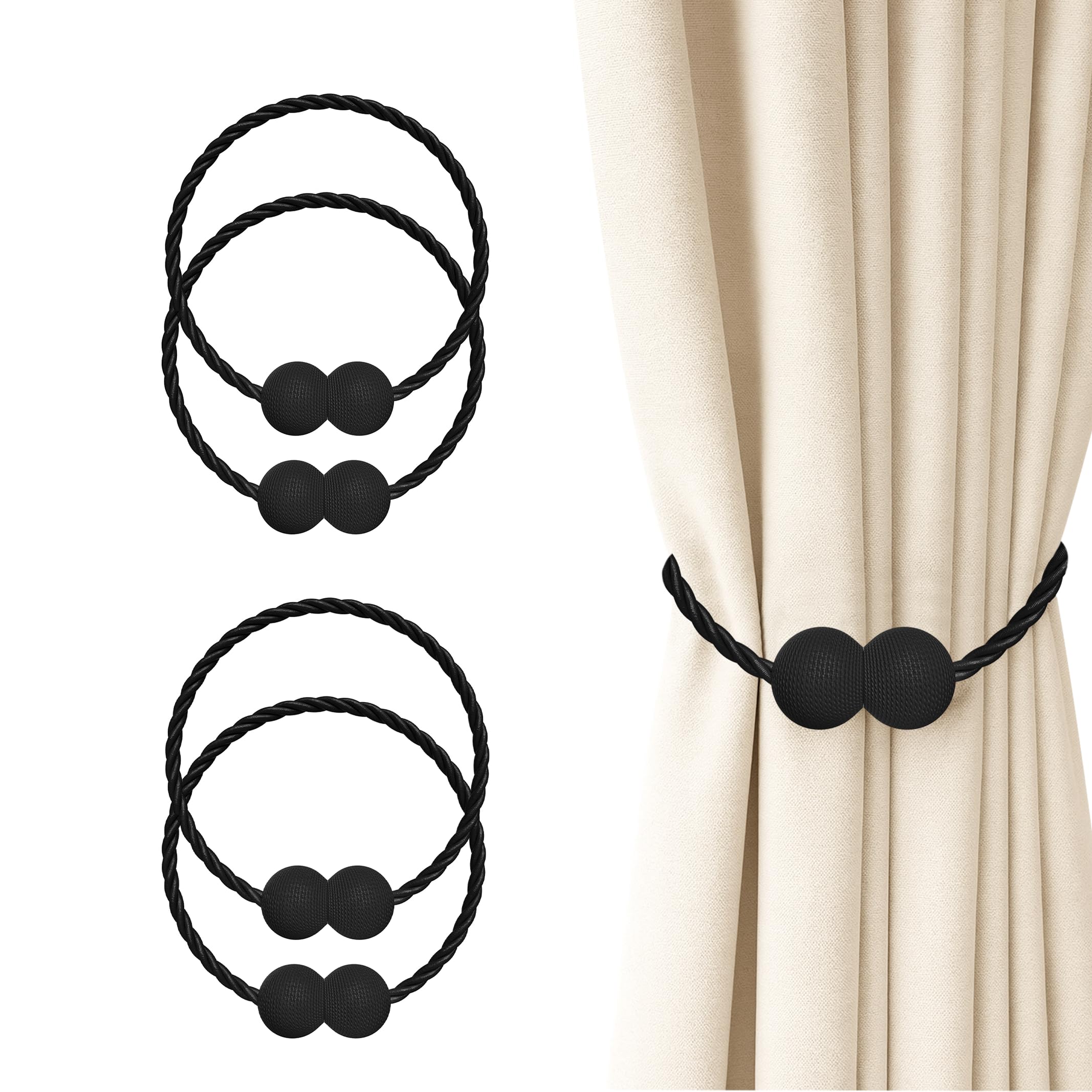 Hion Magnetic Curtain Tiebacks Black 4 Pack, Curtain Tiebacks Buckles Holdbacks Holders Hooks Clip for Home Bedroom Office Decorative Thick or Thin Curtain