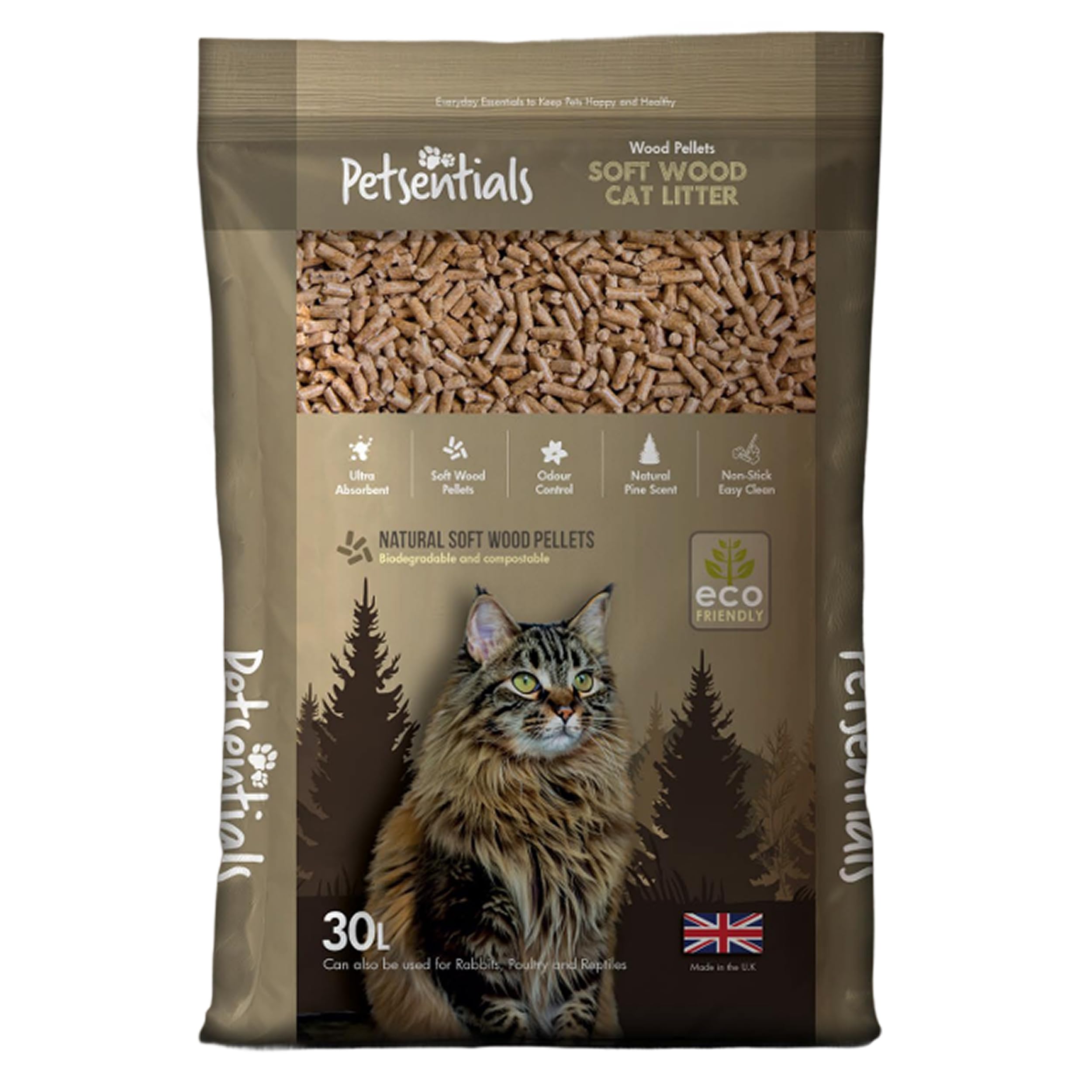 Petsentials Natural Wood Based Cat Litter 30L | Biodegradable & Pine Scented Wood Pellet Cat Litter | Super Absorbent & Non-Toxic - Ideal for Single or Multi-Cat Households