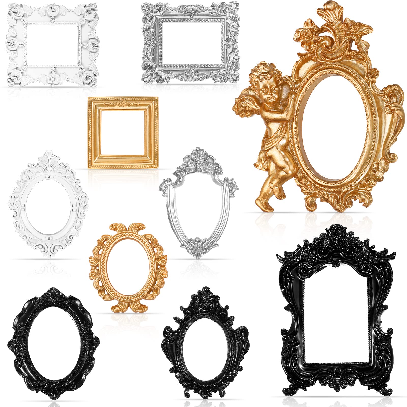 Photo 1 of Yulejo 10 Pcs Mini Gold Picture Frames Small Vintage Resin Antique Photo Frame Tiny Baroque Ornate Frame for DIY Jewelry Display Wall Home Wedding Decor, Without Glass or Backing(Retro Colors)