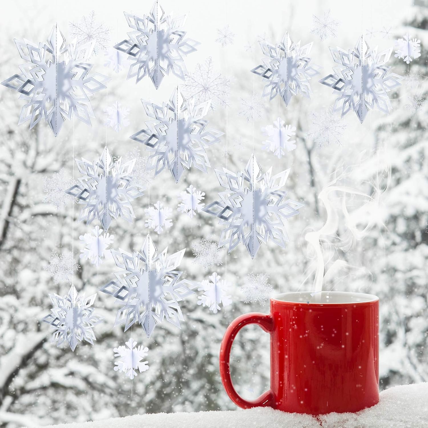Outus 42 Pcs Winter Christmas Party Decorations 3D Snowflake Hanging Decoration Set 3D Hanging Snowflake Decor Pendant for Christmas Winter Party New Year Home(Assorted Sizes,White - Image 5