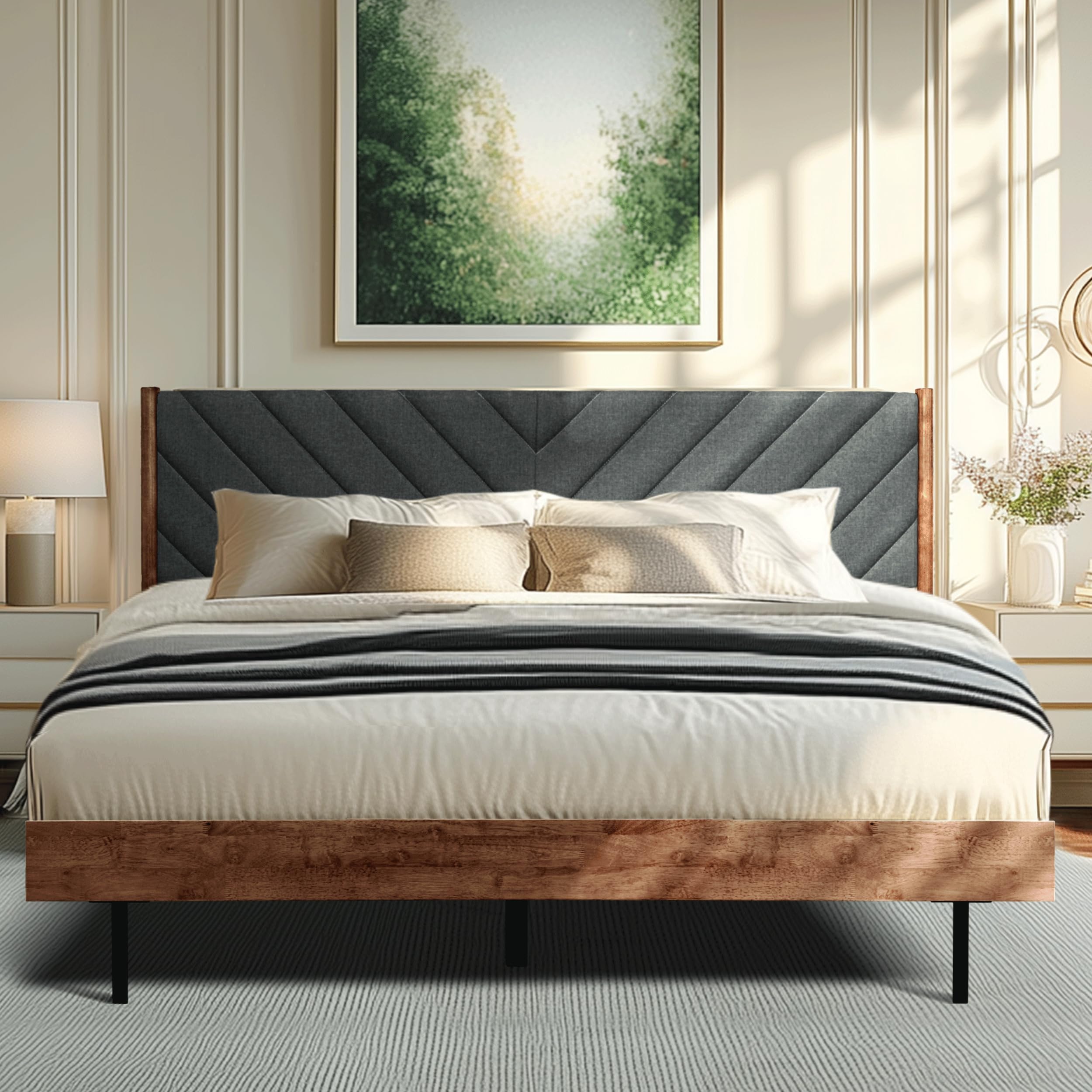 Acacia Astoria Solid Wood Queen Platform Bed Frame with Upholstered ...