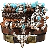 Western Bracelet for Women,Bohemian Cowgirl Turquoise Beaded Stretch Bracelets,Vintage Stackable Bull Head Cowboy Boots Feather Bracelets Set,Country Ethnic Western Jewelry Accessories for Women Men
