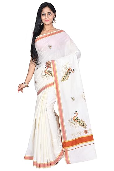 Women's Kerala Cotton Saree with unstitched blouse (MADSKS6008_Halfwhite)