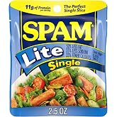 SPAM Lite Singles, Protein, Shelf Stable Food, 2.5oz Pouch x12 | Pork. 50% Less Fat, 25% Less Sodium, 33% Fewer Calories than SPAM Classic. Gluten-free. Breakfast &amp; Lunch Meat