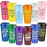 FillTouch 12 Pcs Inspirational Gifts for Employee Coworkers Staff Teammate, 16oz Reusable Plastic Coffee Cups with Positive Sayings, Bundle Gifts for Woman Man Coworker (Bright Color,Inspirational)