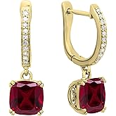 Dazzlingrock Collection 7mm Each Cushion Lab Created Gemstone & Round Natural White Diamond Women Dangling Drop Earrings, Available in Various Lab Created Gemstones in 10K/14K/18K Real Solid Gold