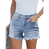 luvamia Jean Shorts for Women Trendy High Waisted Seamed Front Stretchy Denim Shorts Cut Off Frayed Hem Casual Summer