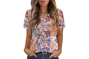 onlypuff Women's Short Sleeve Polo T Shirts Summer V Neck Pleated Tunic Tops Collared Blouses