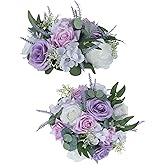 BLOSMON Purple Flowers Artificial for Decoration: 2 Pieces 9.5 Inch Fake Flower Ball Centerpieces for Home Tables - Wedding Lilac White Rose Lavender Fake Silk Kissing Floral Arrangements