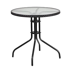 Flash Furniture 28'' Round Tempered Glass Metal Table with Black Rattan Edging