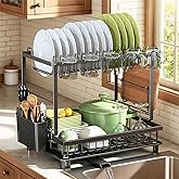 Nfnoyp Dish Drying Rack, 2 Tier Space-Saving Dish Rack, Multifunctional Dish Drainer for Kitchen Counter with Drainboard/Utensil/Cup Holder Rustproof Carbon Steel, Black