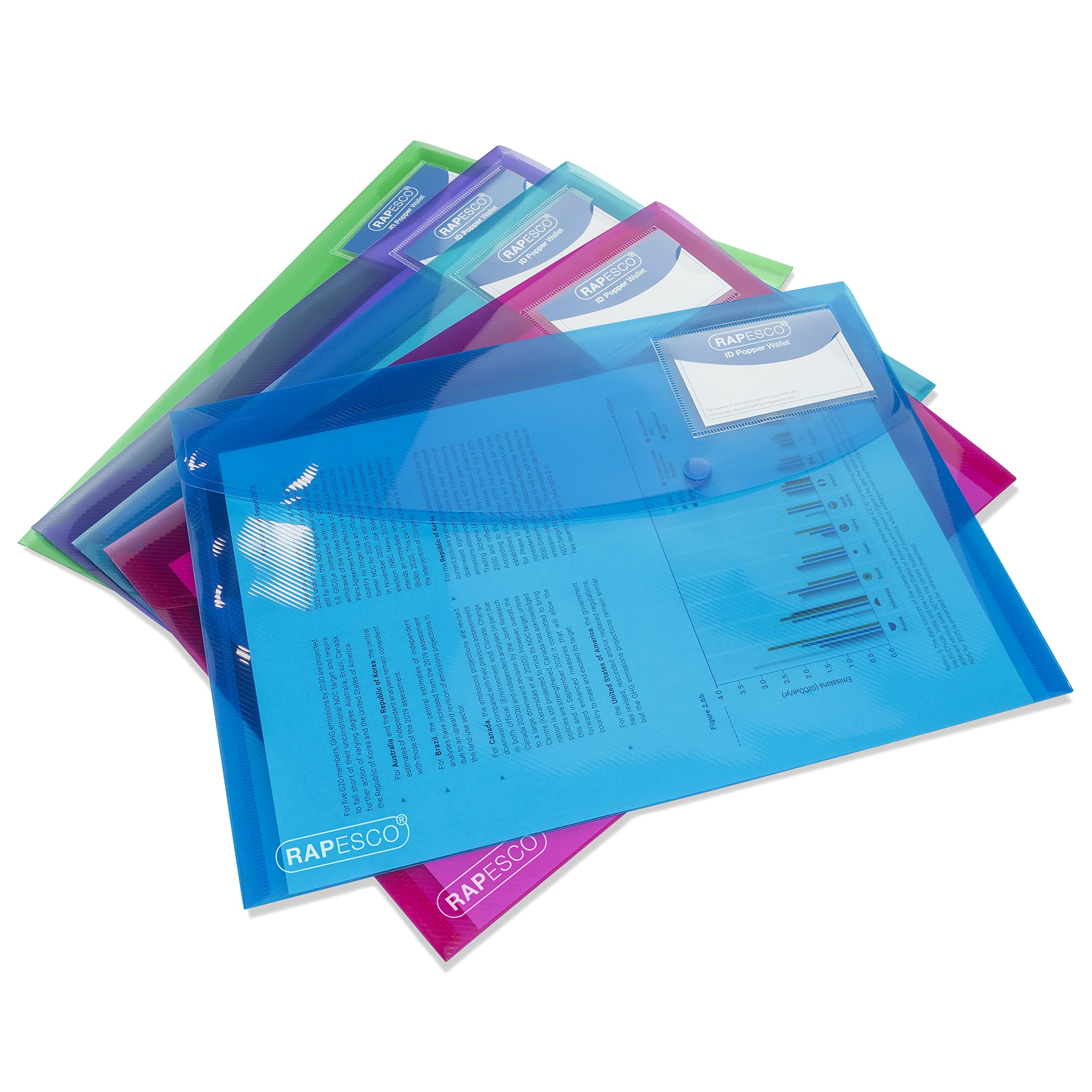 Rapesco 0700 ECO Recycled ID Popper Wallets, A4, Assorted Bright Transparent Colours, Pack of 5