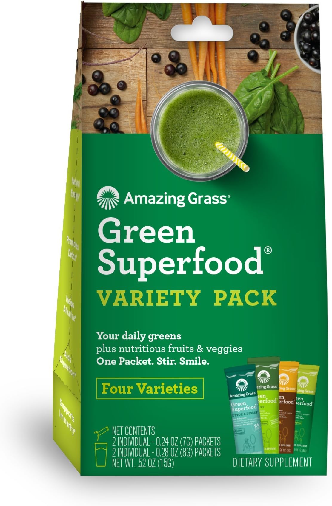 SAMPLE SIZE Amazing Grass Green Superfood Organic 4 Flavor Variety Pack, with Wheat Grass and Greens, Flavors: Original, Detox&Digest, Energy Lemon-Lime, Chocolate