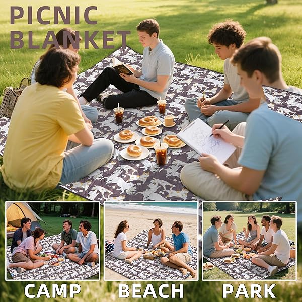 PICYALO 60X80” DOUBLE THICKENED PICNIC BLANKETS(150G HIGH DENSITY COTTON STUFFED) CAT&DOG PATTERN OUTDOOR PICNIC MAT PORTABLE PICNIC BLANKET FOLDABLE WITH LEATHER CARRY STRAP BEACH BLANKET