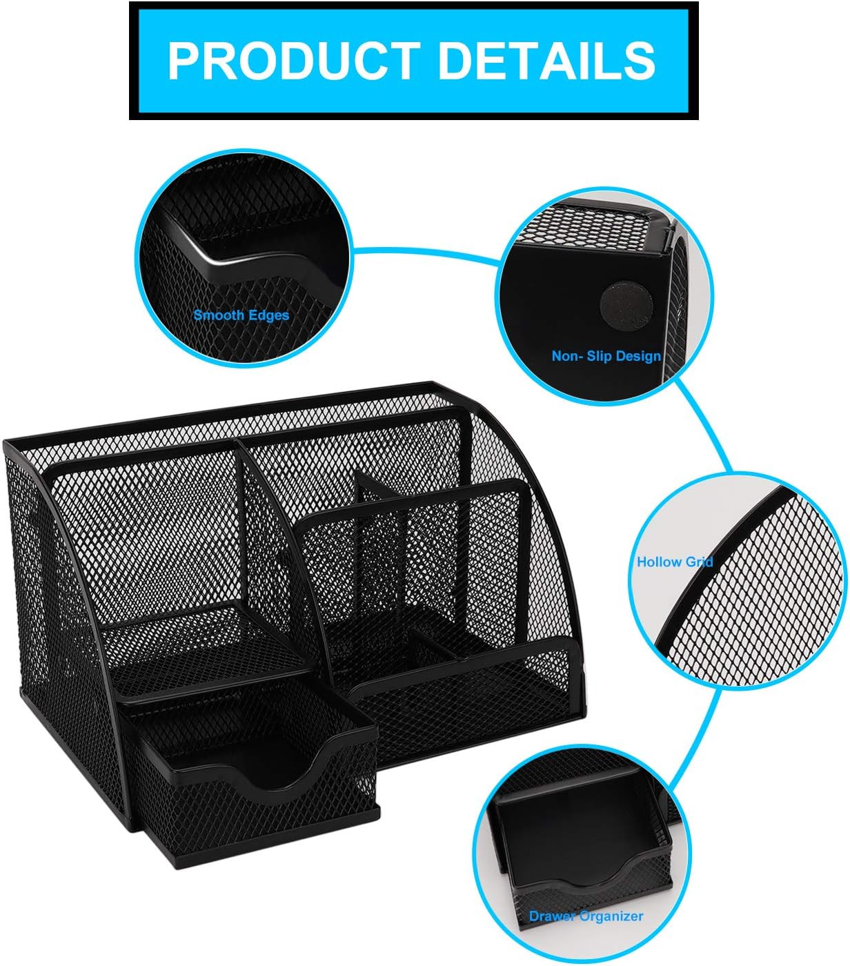 Desk Organizer, Wellerly Office Supplies Desk Organization Accessories Pen Holder Organizers Set Multi-Functional Mesh Storage Caddy with 6 Compartments + 1 Drawer for Office School Home Supply: Home Improvement