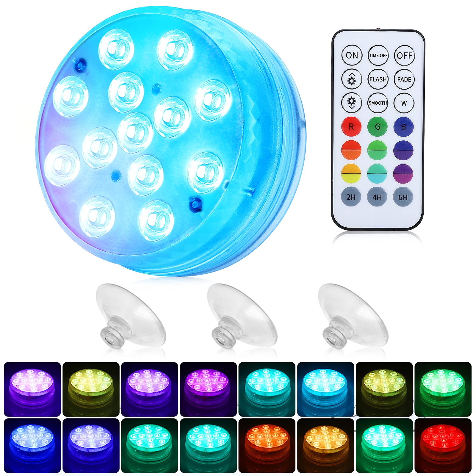 Pool Lights,littobia Submersible LED Lights with Magnet and Suction Cups, RF Remote Pool Lights, IP68 Waterproof, Underwater Timing with 13 LED Pool Light, 3.35 Inch (1 Pack)