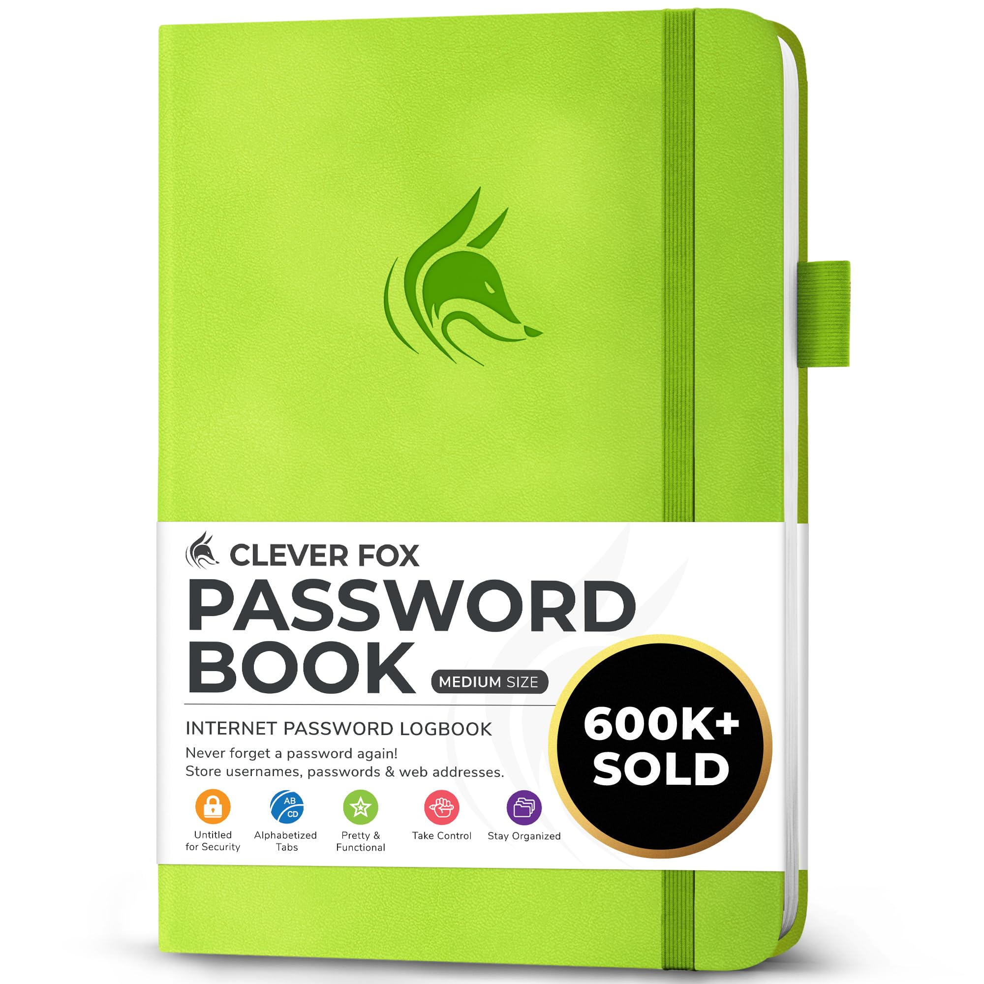 Clever Fox Password Book with alphabetical tabs. Internet Address Organizer Logbook. Medium Password Keeper for Website Logins (Green)