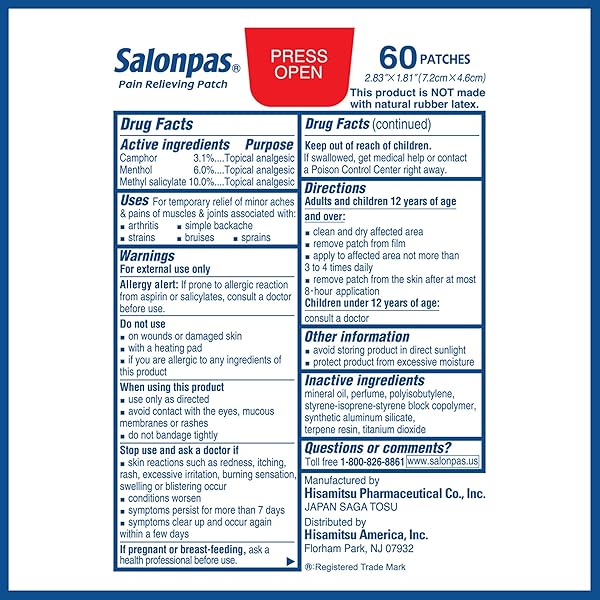 SALONPAS PAIN RELIEVING PATCH FOR BACK, NECK, SHOULDER, KNEE PAIN AND MUSCLE SORENESS – 8 HOUR PAIN RELIEF – 60 COUNT
