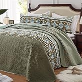 LEAONME Quilt Set King Size 3 Piece Bedspread Coverlet Lightweight Comforter Microfiber Bedding Set All Season Oversized 98x106 Inch Bed Cover Bohemian Patchwork Olive Green(1 Quilt, 2 Pillow Shams)